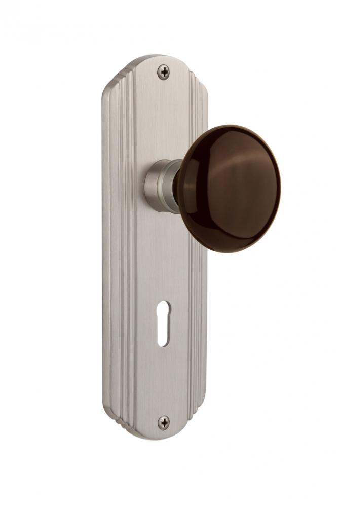 Nostalgic Warehouse Deco Plate with Keyhole Single Dummy Brown Porcelain Door Knob in Satin Nickel