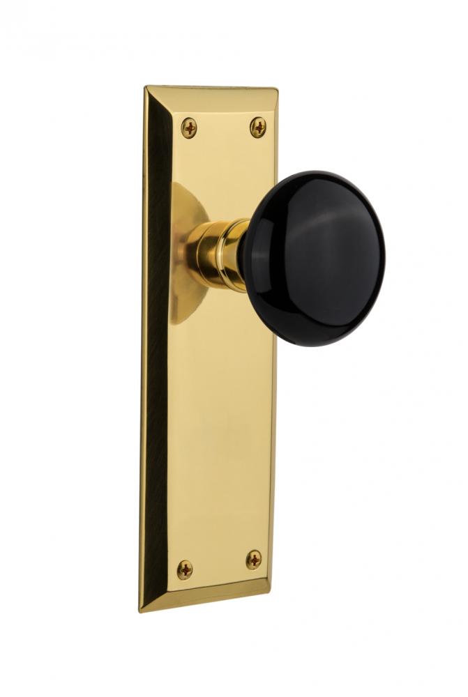 Nostalgic Warehouse New York Plate Single Dummy Black Porcelain Door Knob in Polished Brass