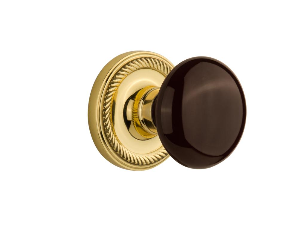 Nostalgic Warehouse Rope Rosette Single Dummy Brown Porcelain Door Knob in Polished Brass