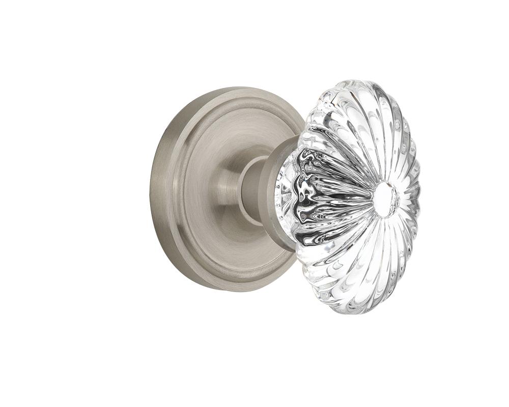 Nostalgic Warehouse Classic Rosette Single Dummy Oval Fluted Crystal Glass Door Knob in Satin Nick