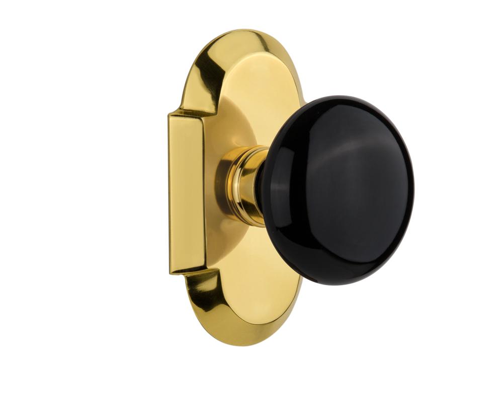 Nostalgic Warehouse Cottage Plate Single Dummy Black Porcelain Door Knob in Polished Brass