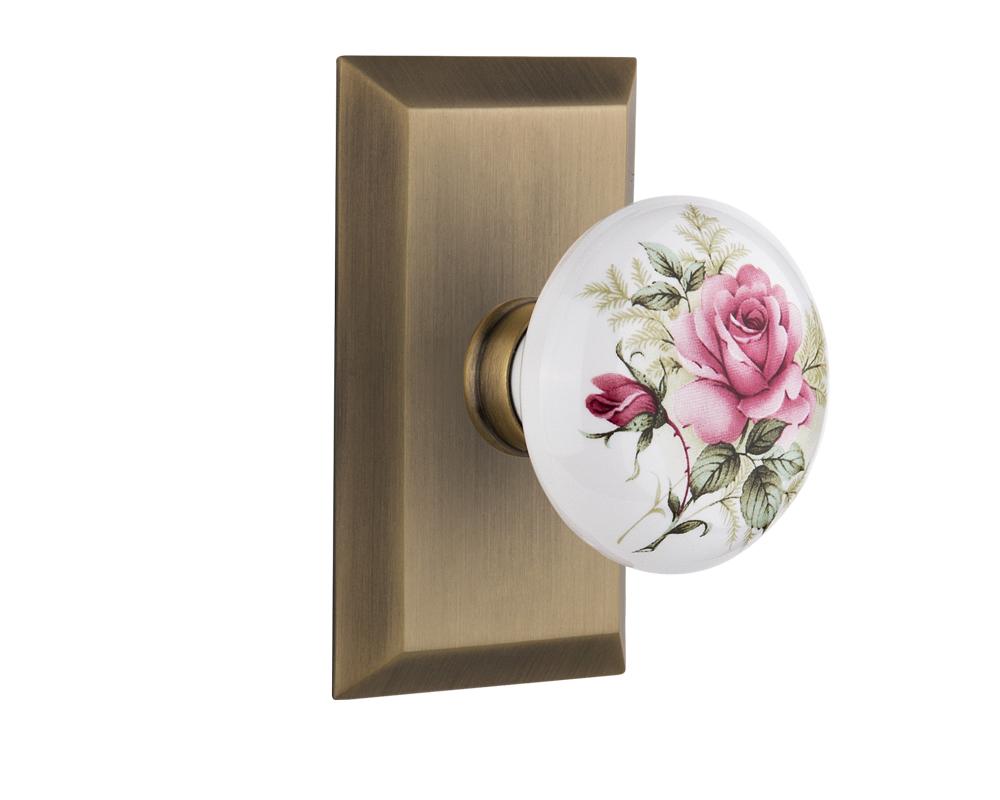 Nostalgic Warehouse Studio Plate Single Dummy White Rose Porcelain Door Knob in Antique Brass