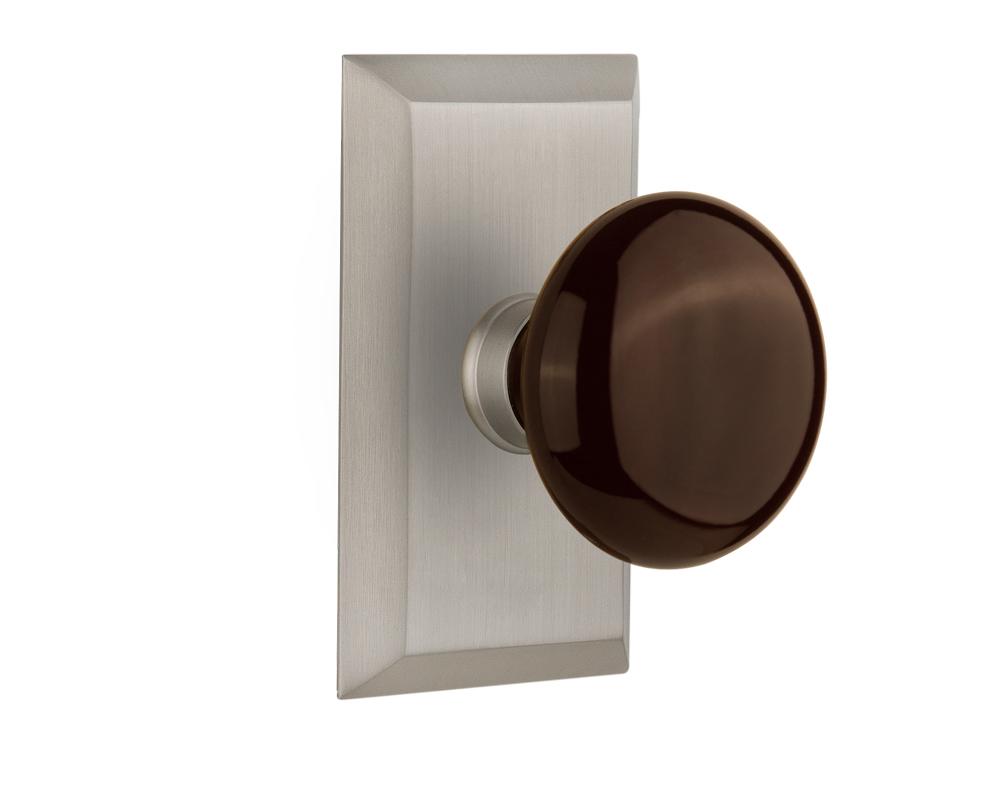 Nostalgic Warehouse Studio Plate Single Dummy Brown Porcelain Door Knob in Satin Nickel