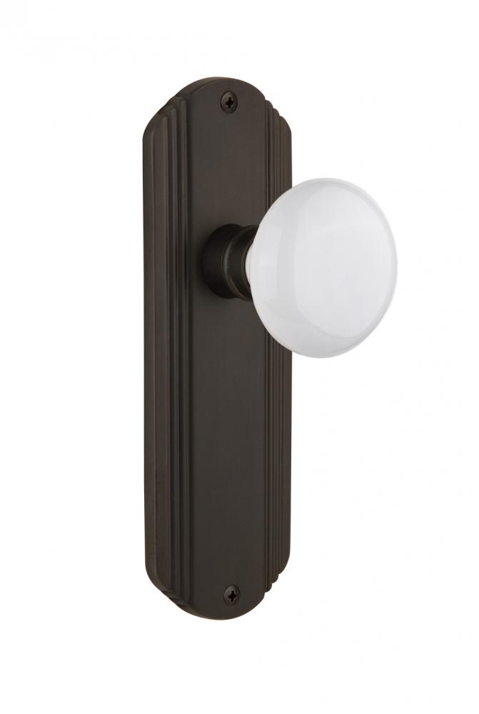 Nostalgic Warehouse Deco Plate Privacy White Porcelain Door Knob in Oil-Rubbed Bronze