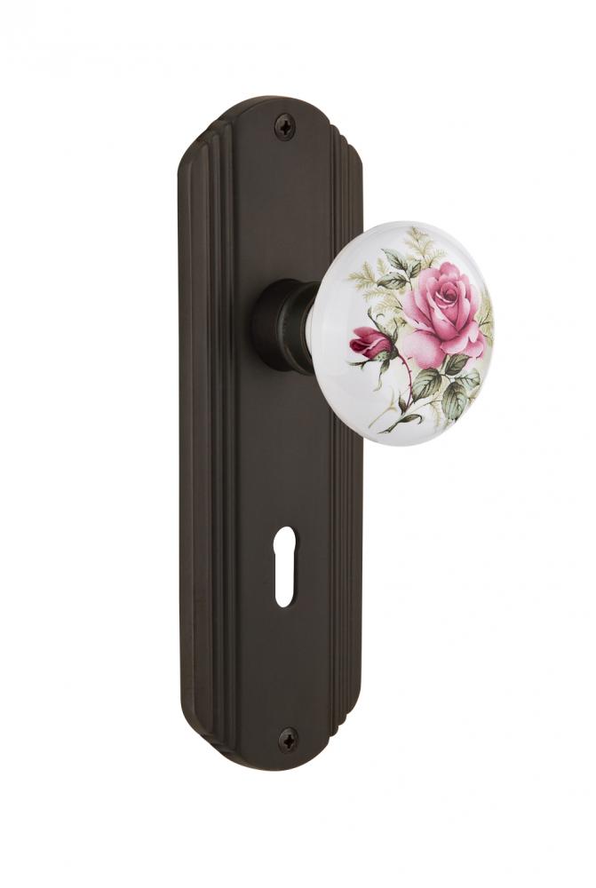 Nostalgic Warehouse Deco Plate with Keyhole Privacy White Rose Porcelain Door Knob in Oil-Rubbed B