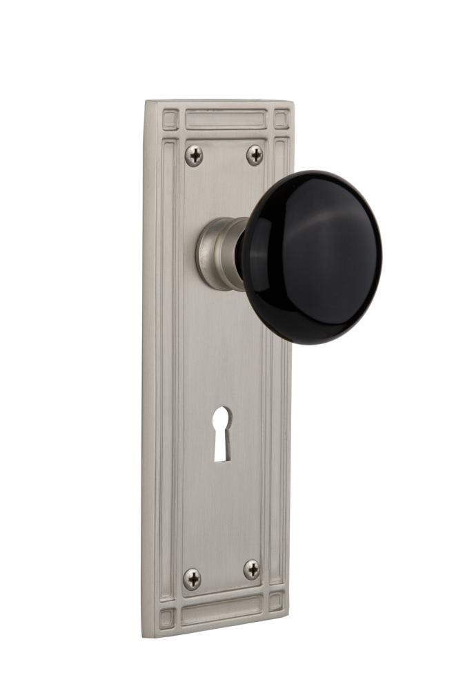 Nostalgic Warehouse Mission Plate with Keyhole Privacy Black Porcelain Door Knob in Satin Nickel