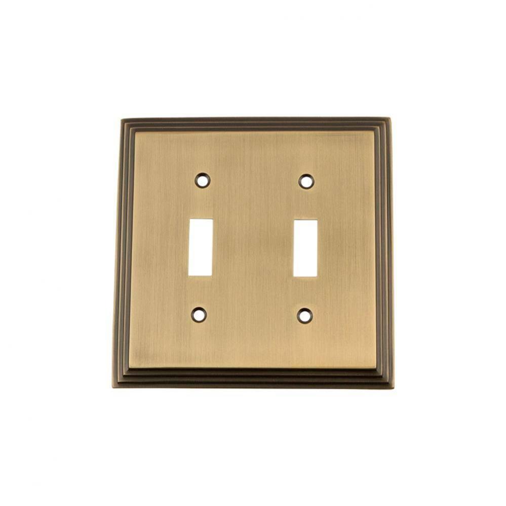 Nostalgic Warehouse Deco Switch Plate with Double Toggle in Antique Brass