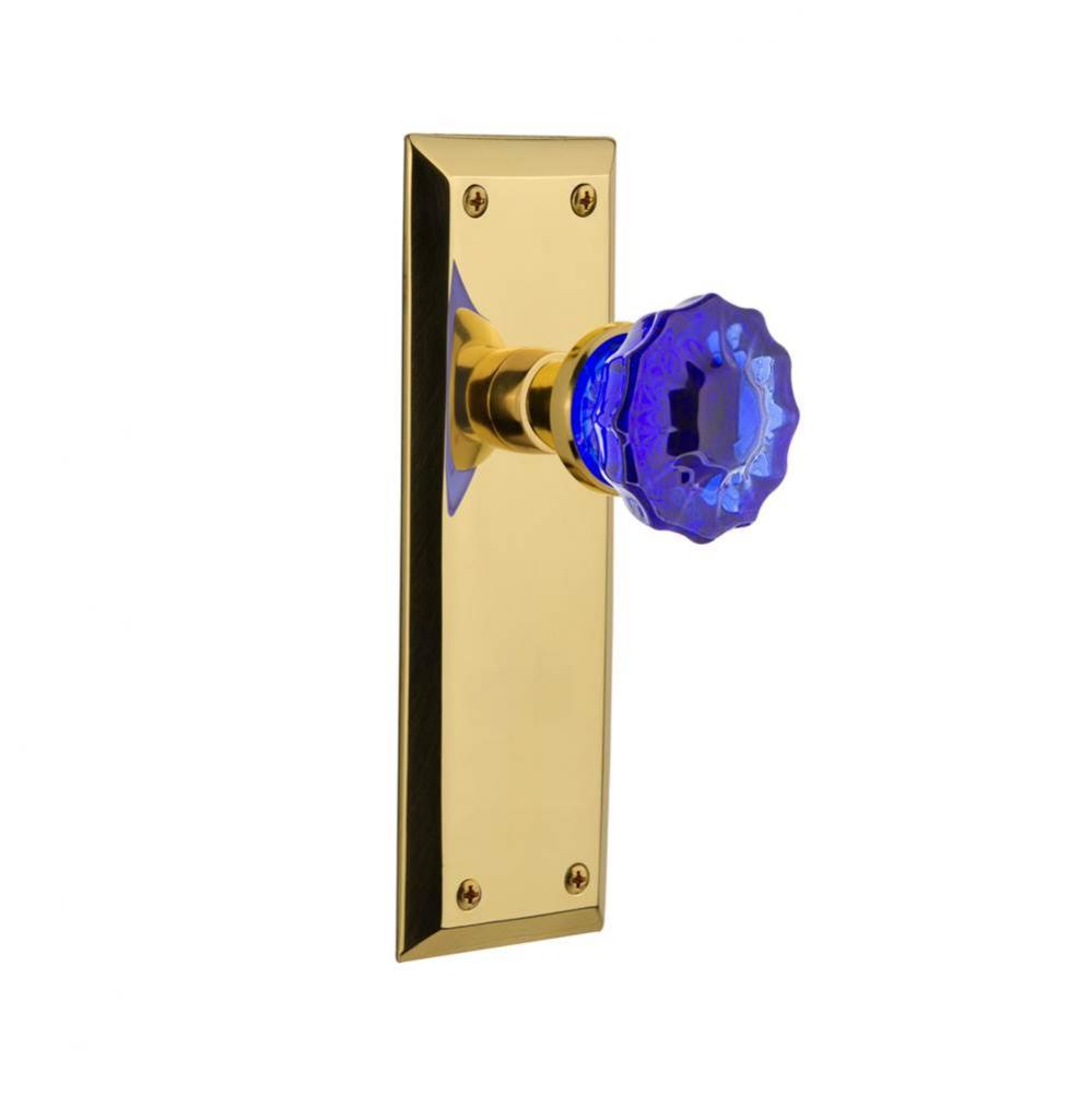 Nostalgic Warehouse New York Plate Single Dummy Crystal Cobalt Glass Door Knob in Polished Brass