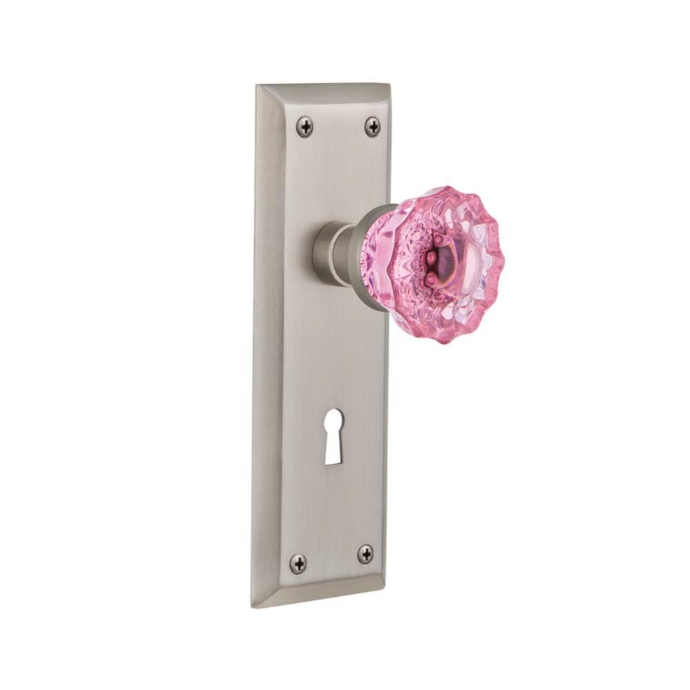 Nostalgic Warehouse New York Plate with Keyhole Privacy Crystal Pink Glass Door Knob in Satin Nick