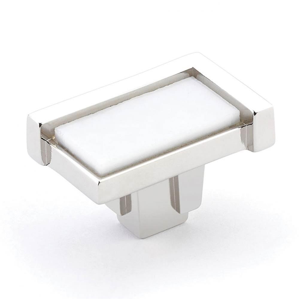 Knob, Rectangle, Polished Nickel, White Glass, 1-3/4'' dia