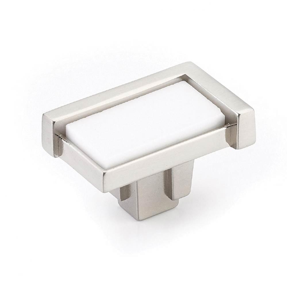 Knob, Rectangle, Satin Nickel, White Glass, 1-3/4'' dia