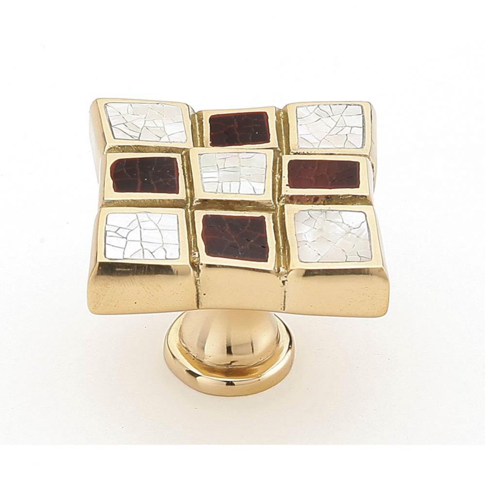 Avalon Bay,Square Knob,9 Sections,Red And White Mother Of Pearl Inlaid On Solid Brass,Polished Bra