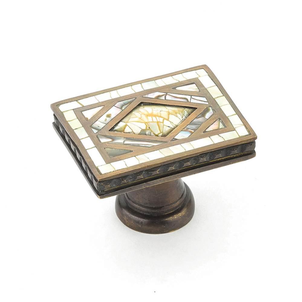 Avalon Bay,Rectangle Knob,Imperial Shell And Yellow Mother Of Pearl Inlaid On Solid Brass,Aged Dov