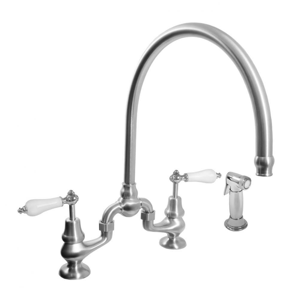 Sancerre Bridge Kitchen Faucet with High-Arc Spout, Handspray, and 485 Porcelain Lever in Brushed