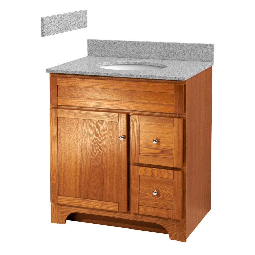 Worthington 30 inch oak bathroom vanity with meteorite gray granite top and white vitreous china