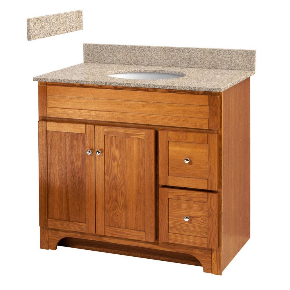 Worthington 36 inch oak bathroom vanity with wheat beige granite top and white vitreous china