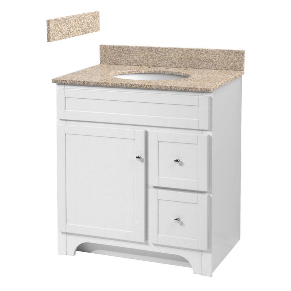 Worthington 30 inch white bathroom vanity with wheat beige granite top and white vitreous china