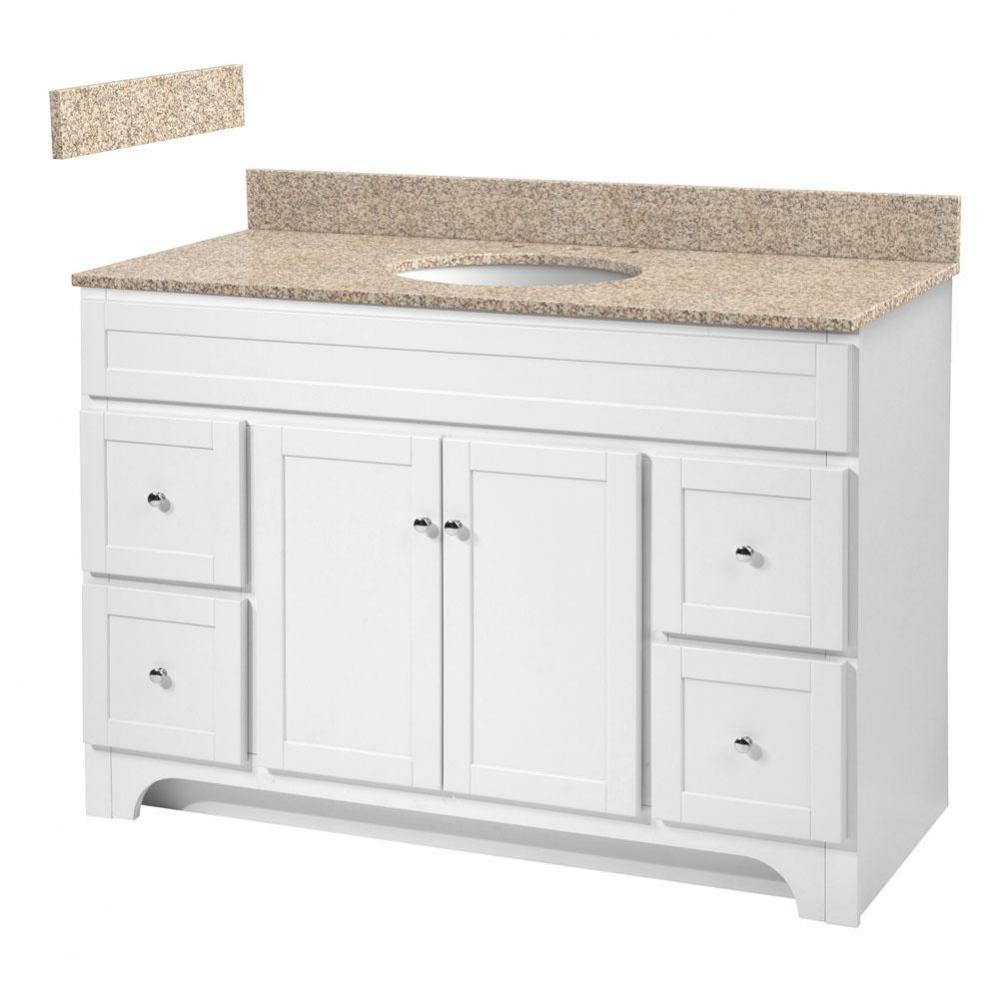 Worthington 48 inch white bathroom vanity with wheat beige granite top and white vitreous china