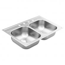 Moen GS202154BQ - 2000 Series 33-inch 20 Gauge Drop-in Double Bowl Stainless Steel Kitchen Sink, 4 Hole, Featuring Q