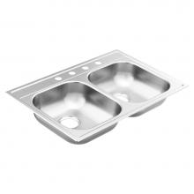 Moen GS202174BQ - 2000 Series 33-inch 20 Gauge Drop-in Double Bowl Stainless Steel Kitchen Sink, 4 Hole, Featuring Q