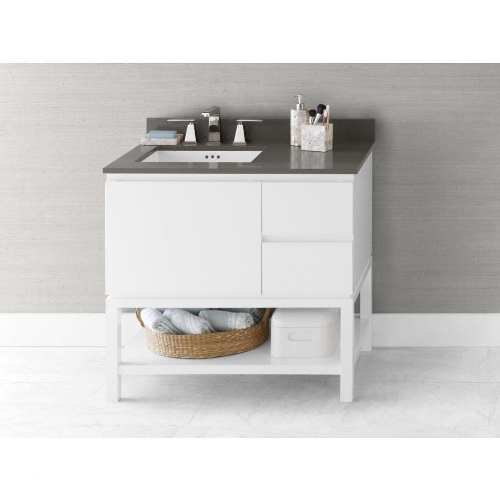 36'' Chloe Bathroom Vanity Base Cabinet with Leg in Glossy White - Large Drawer on Left