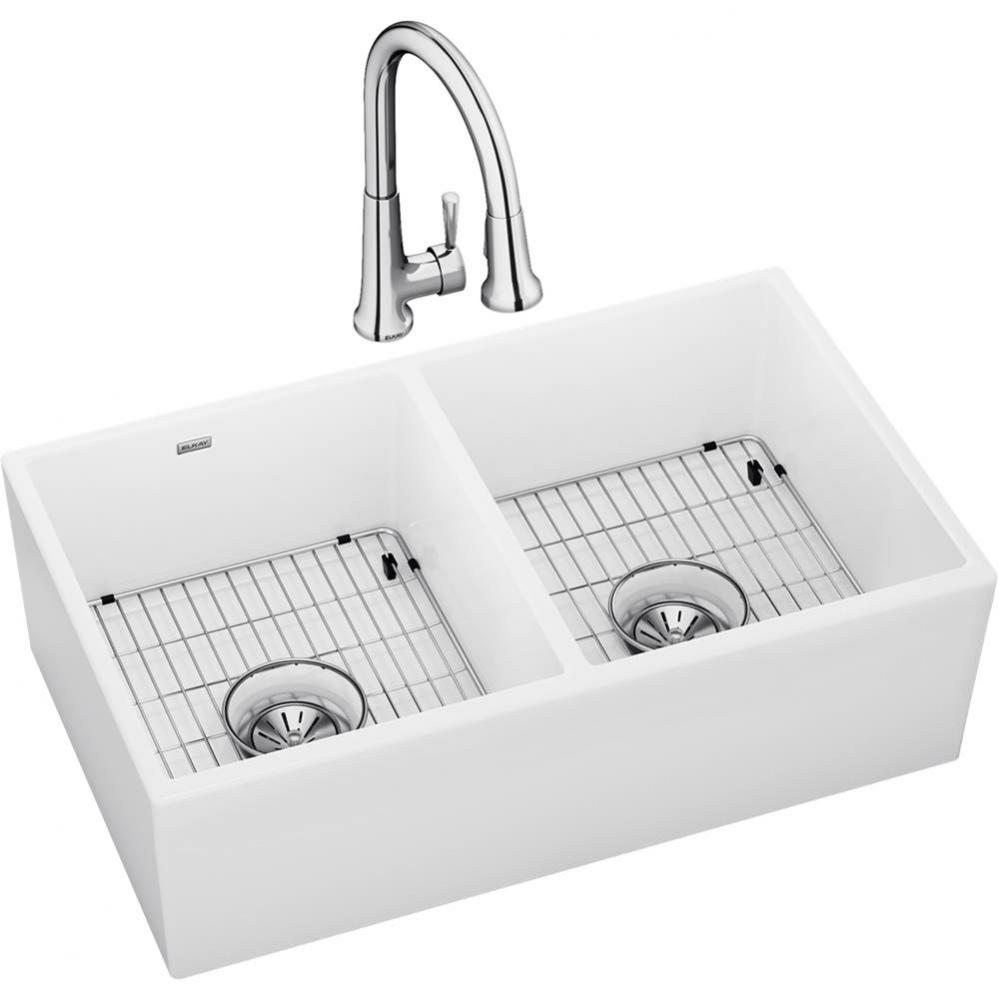 Fireclay 33'' x 19-15/16'' x 9'', Equal Double Bowl Farmhouse Sink K