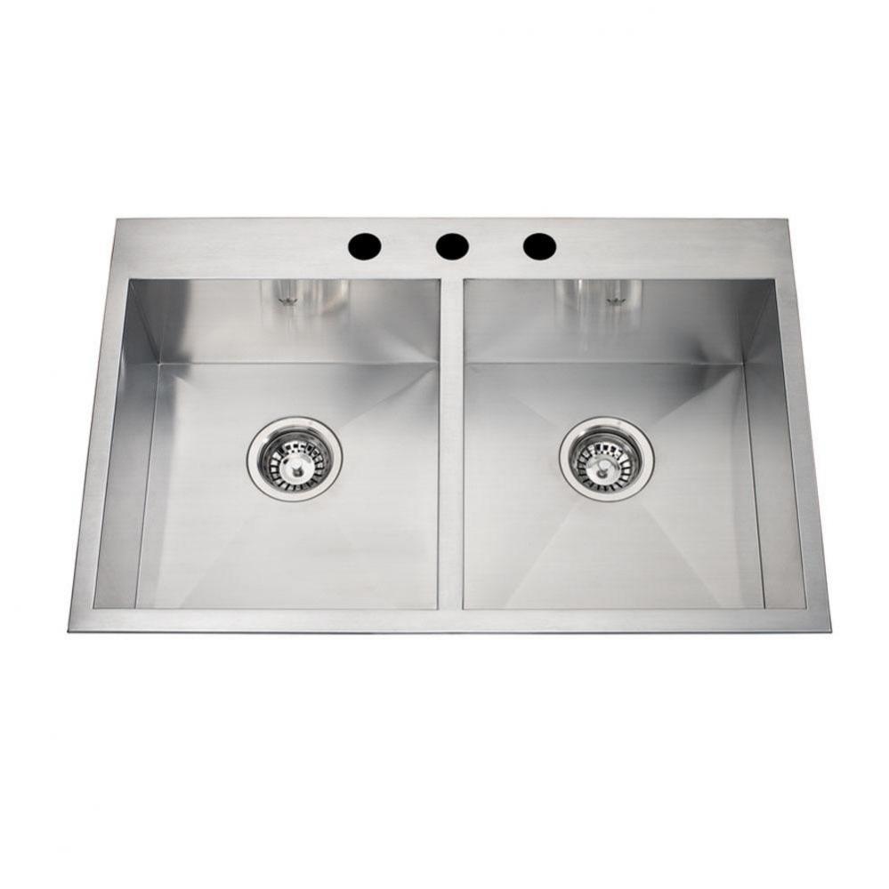 20 gauge hand fabricated dual mount double bowl ledgeback sink, 3 faucet holes