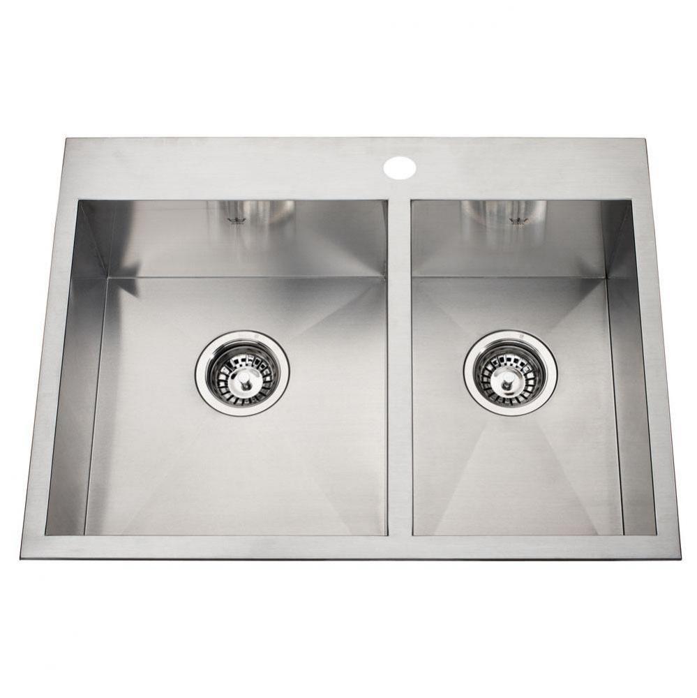 20 gauge hand fabricated dual mount two bowl ledgeback sink, small bowl right, 1 faucet hole