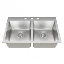 Kindred Canada QDLY2031/8/1 - 18 ga hand fabricated dual mount double bowl ledgeback sink, 20 mm corners, 1 faucet hole