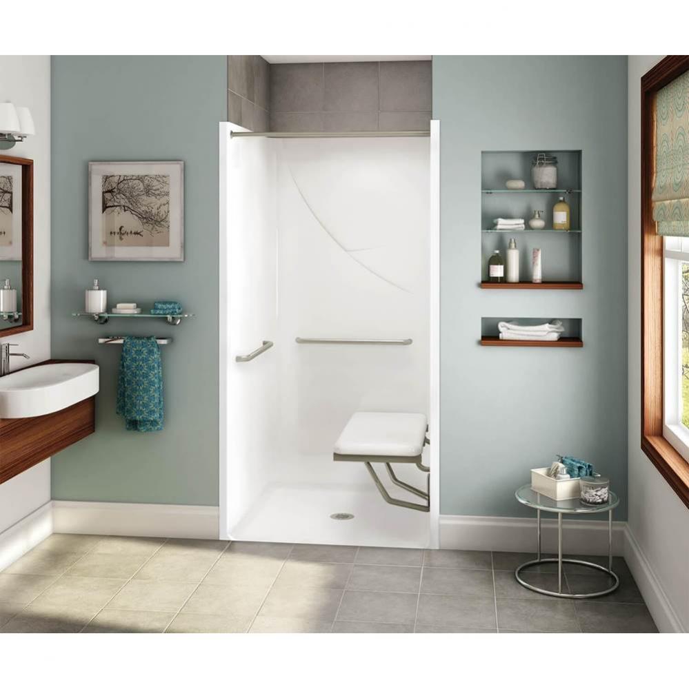 OPS-3636-RS RRF AcrylX Alcove Center Drain One-Piece Shower in White - MASS Grab Bar and Seat