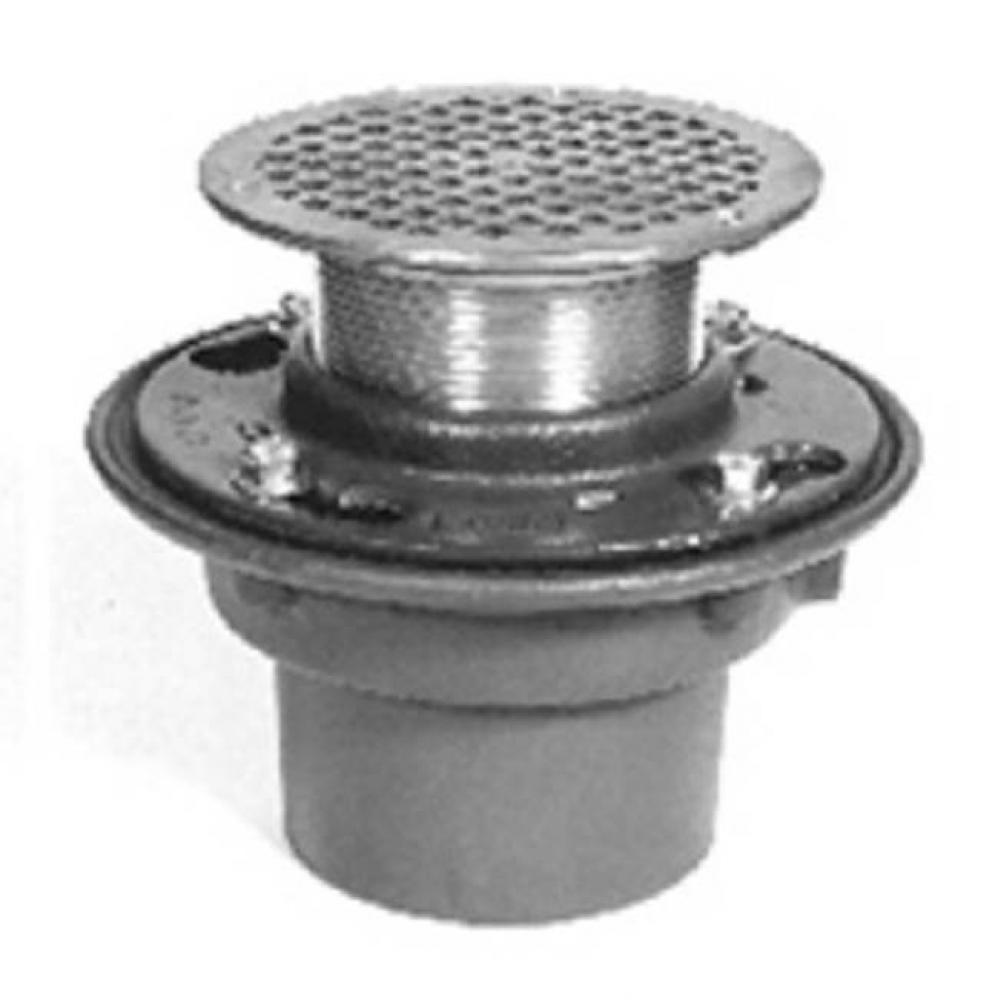 ZN415 Cast Iron Floor Drain w/ 8'' Round Adj Pol Nickel Strainer w/ Heel Proof Sq Openin