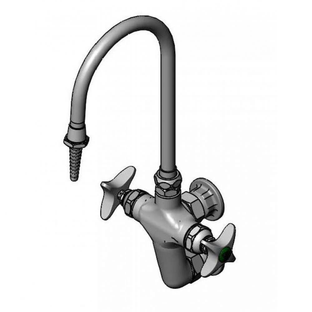 Lab Vertical Mixing Faucet, Wall Mount, Swivel Gooseneck, Serrated Tip, 4-Arm Handles