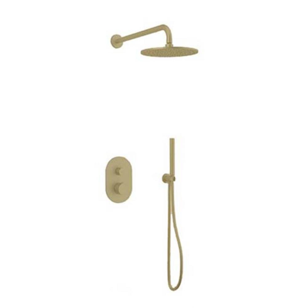 Opera Round Thermostatic Shower Trim Kit with Wall Mount Shower Head, Hand Held Shower Satin Brass