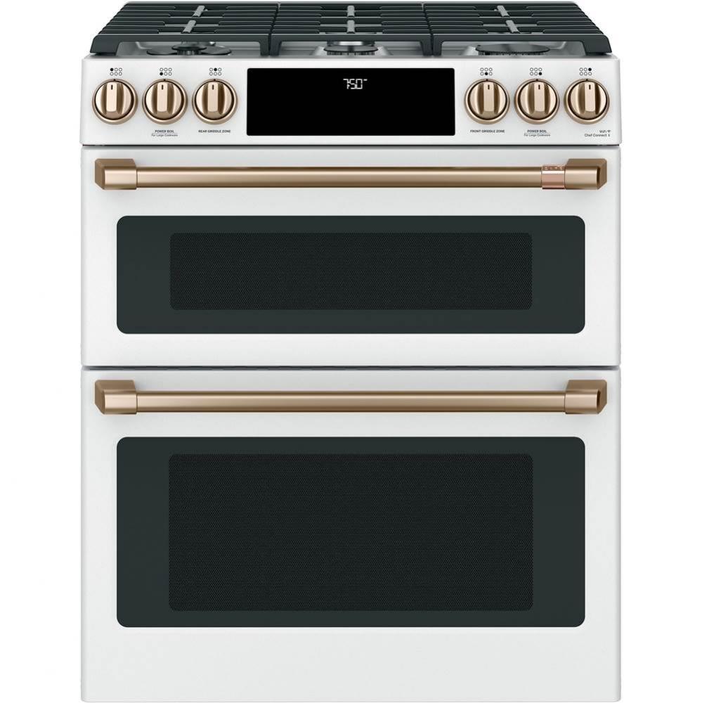 Cafe 30'' Smart Slide-In, Front-Control, Gas Double-Oven Range with Convection