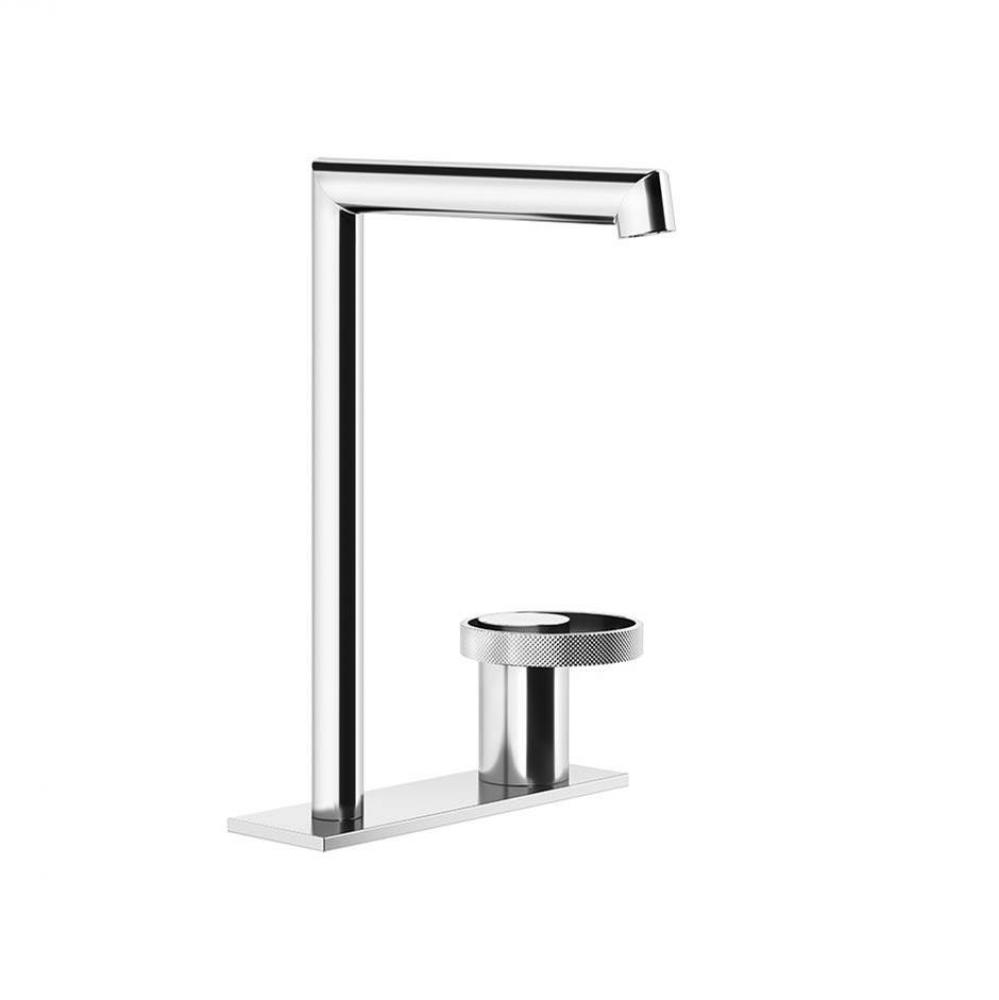 Deck-mounted high version washbasin mixer with separate control without pop-up assembly