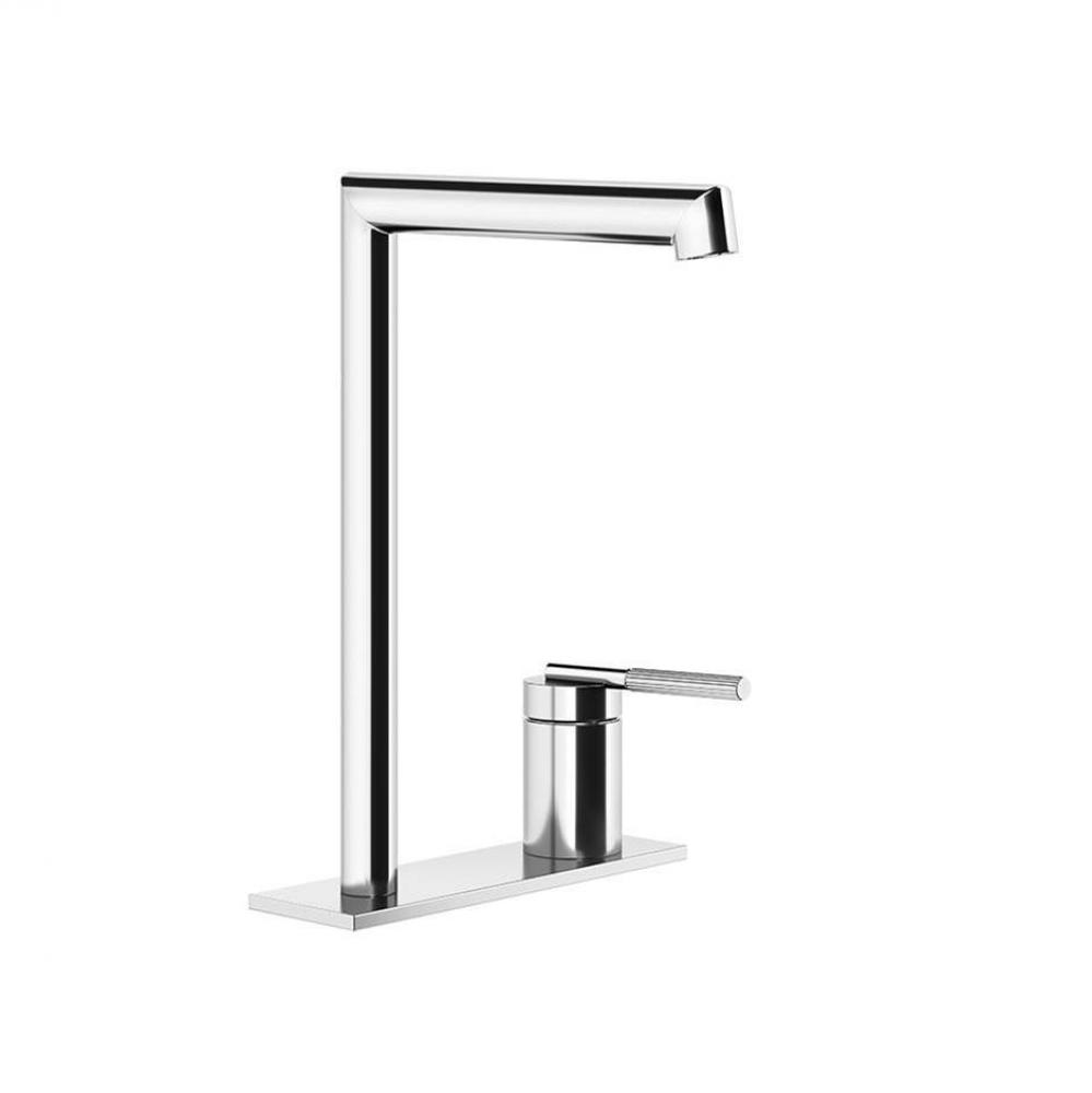 Deck-mounted high version washbasin mixer with separate control without pop-up assembly