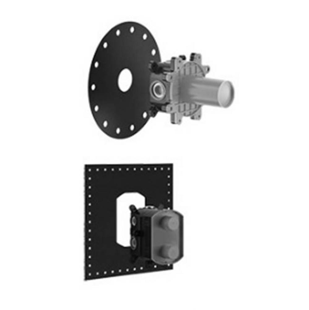 In-wall rough valve for wall-mounted electronic mixer.