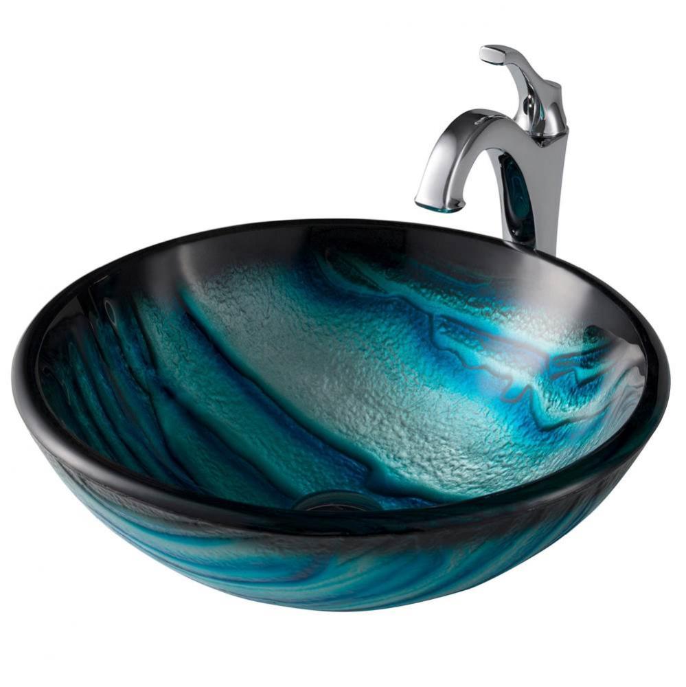 17-inch Blue Glass Nature Series Bathroom Vessel Sink and Arlo Faucet Combo Set with Pop-Up Drain,