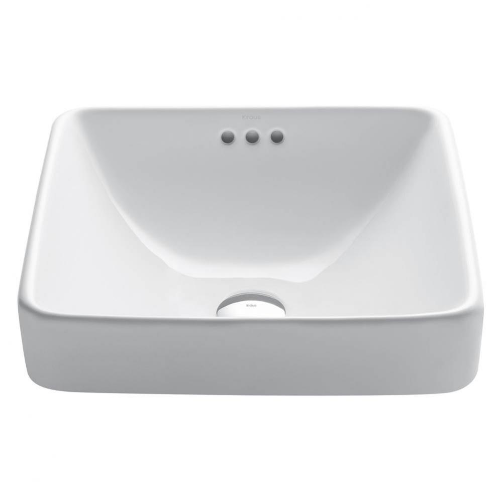 Elavo Square Semi-Recessed Vessel White Porcelain Ceramic Bathroom Sink with Overflow, 16 1/2 inch