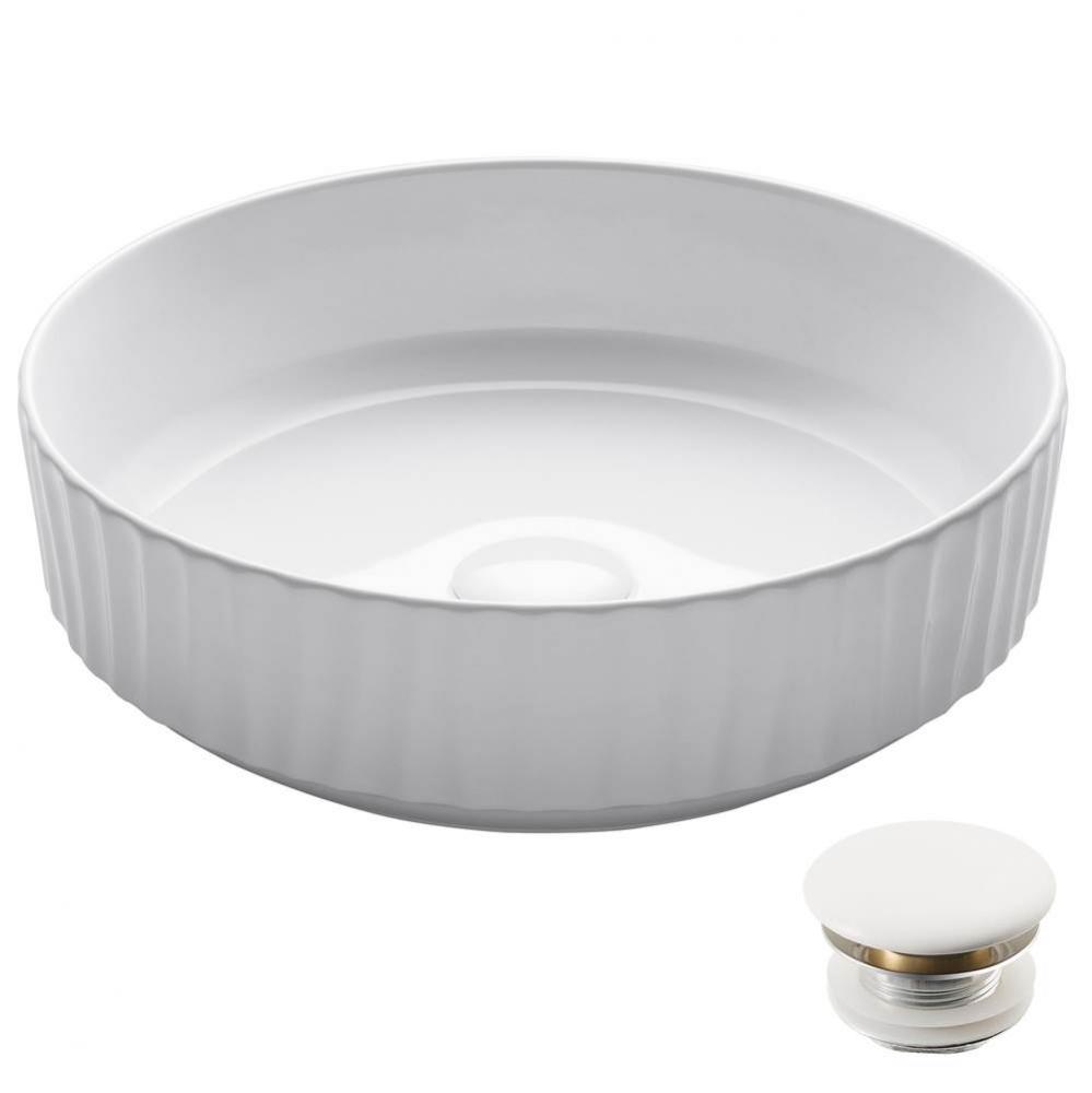 Viva Round White Porcelain Ceramic Vessel Bathroom Sink with Pop-Up Drain, 15 3/4 in. D x 4 3/4 in