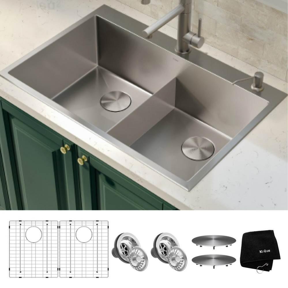 33 X 22 Inch Standart Pro Drop In, Undermount 16 Gauge Double Bowl 2 Hole Stainless Steel Kitchen