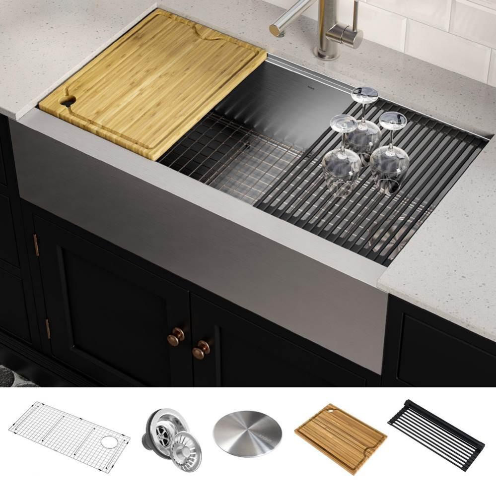 Kore Workstation 36-inch Farmhouse Flat Apron Front 16 Gauge Single Bowl Stainless Steel Kitchen S