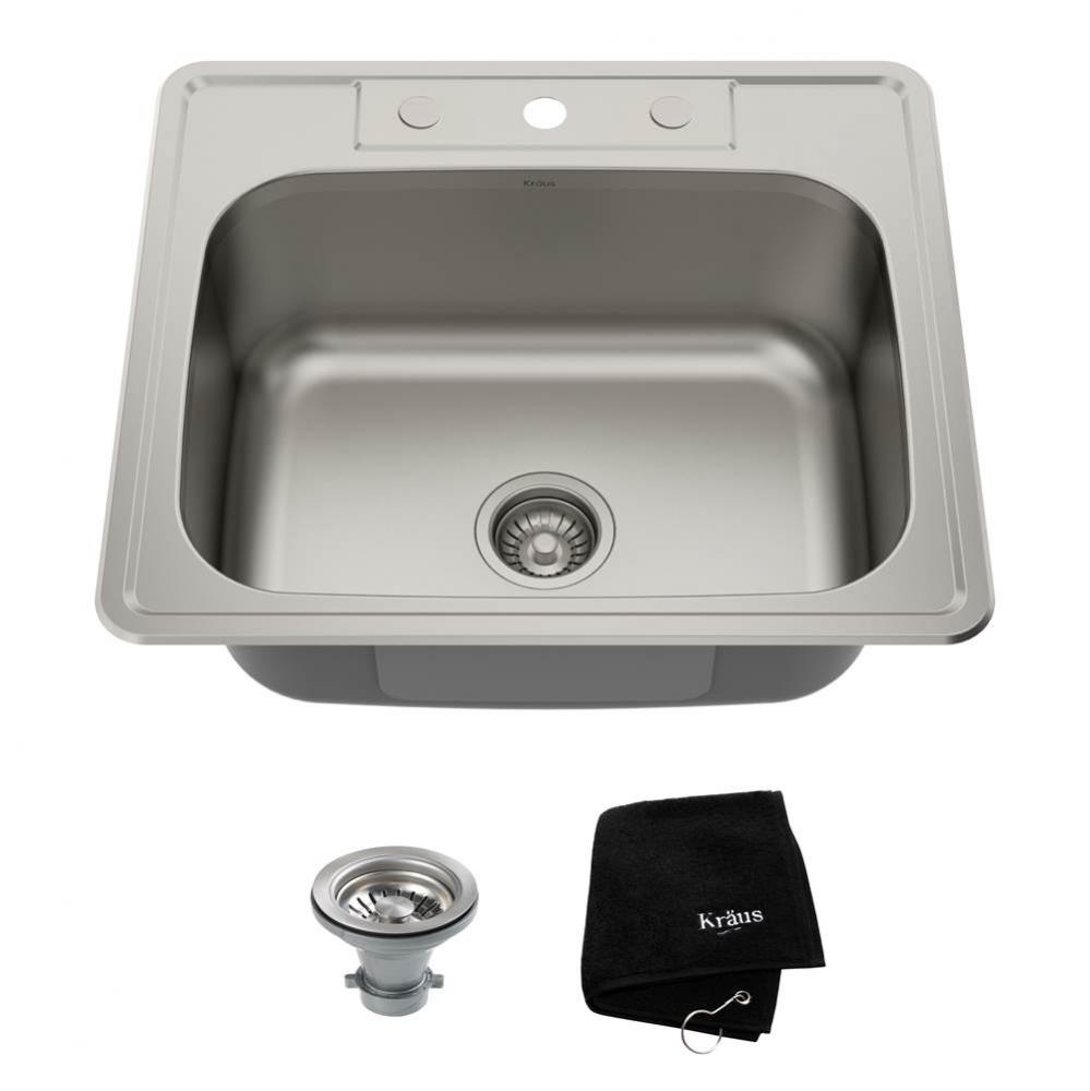 KRAUS 25 Inch Topmount Single Bowl 18 Gauge Stainless Steel Kitchen Sink with NoiseDefend Soundpro