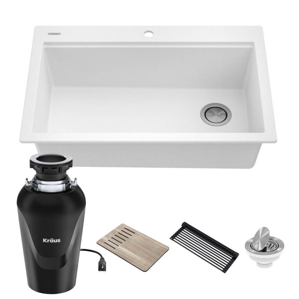 Bellucci Workstation 33 in. Drop-In Granite Composite Single Bowl Kitchen Sink in White with Acces