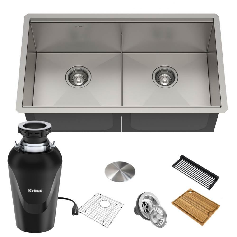 KRAUS Kore Workstation 33-inch Undermount 16 Gauge Double Bowl Stainless Steel Kitchen Sink with A