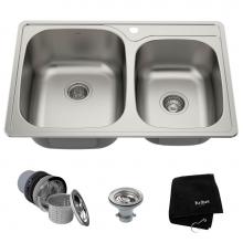 Kraus KTM32 - KRAUS 33 Inch Topmount 60/40 Double Bowl 18 Gauge Stainless Steel Kitchen Sink with NoiseDefend So