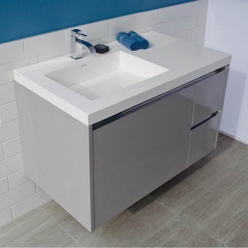 Wall-mount under counter vanity with three drawers, Bathroom Sink  is on the left.