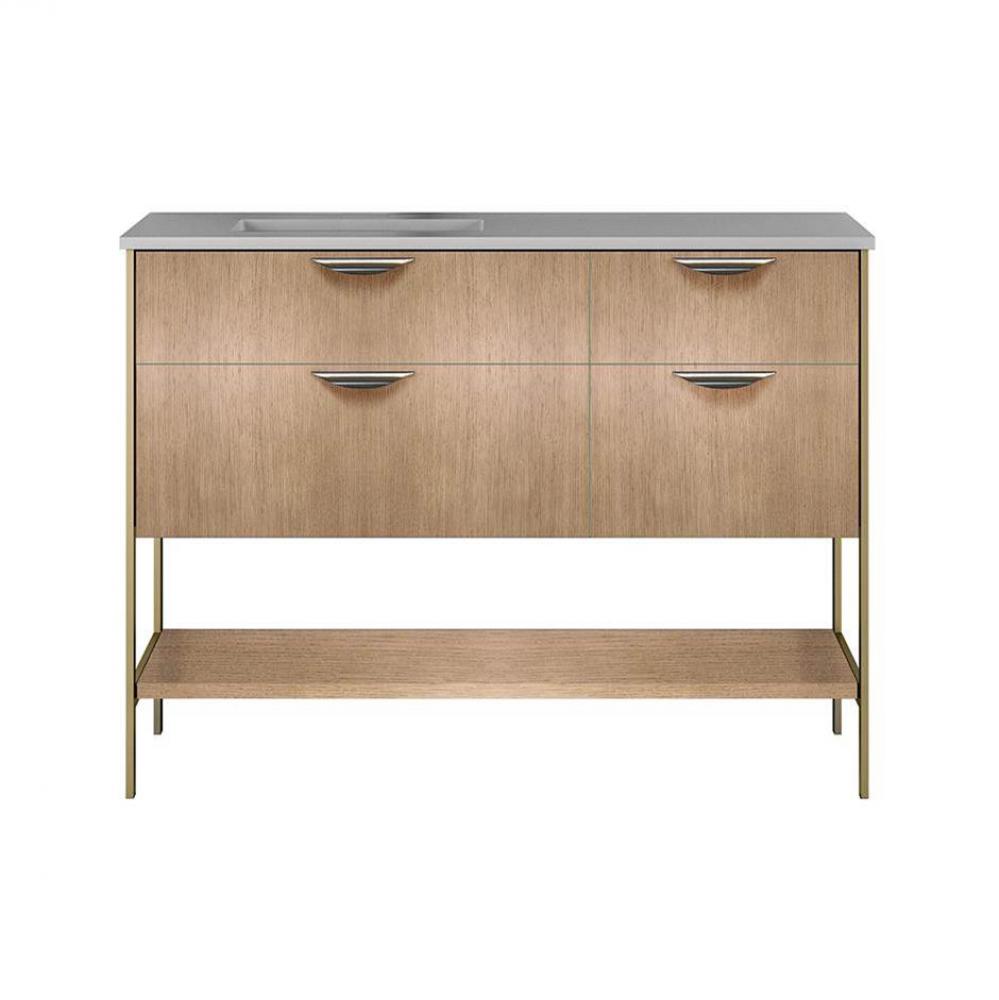 Cabinet of free standing under-counter vanity with three drawers, bottom wood shelf and metal fram