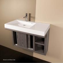 Lacava LIB-W-32L-02 - Wall-mounted under-counter vanity with two sliding doors, two open cubbies on the right, and accen