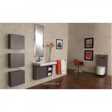 Lacava LIB-W-32L-24 - Wall-mounted under-counter vanity with two sliding doors, two open cubbies on the right, and accen